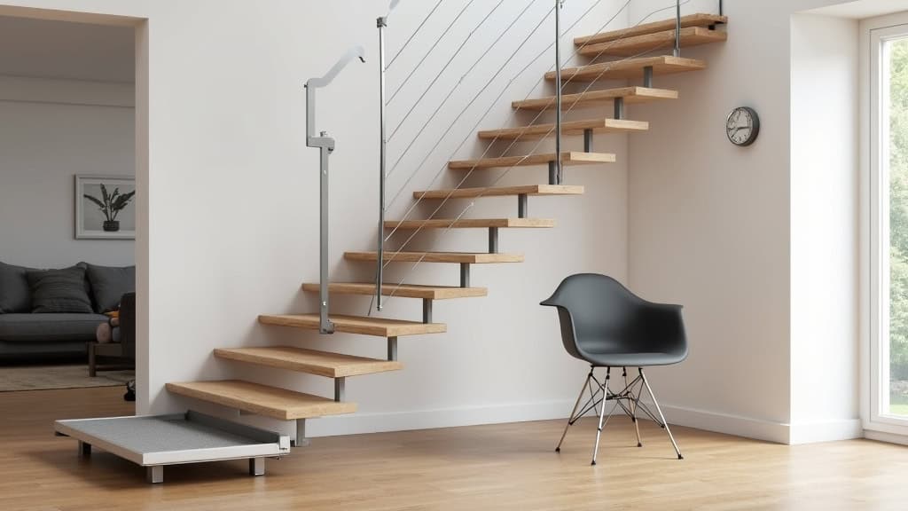 Monte-escalier droit installé dans une maison alsacienne à Turckheim, avec un siège gris et une rampe en aluminium, intégré discrètement à l’escalier en bois