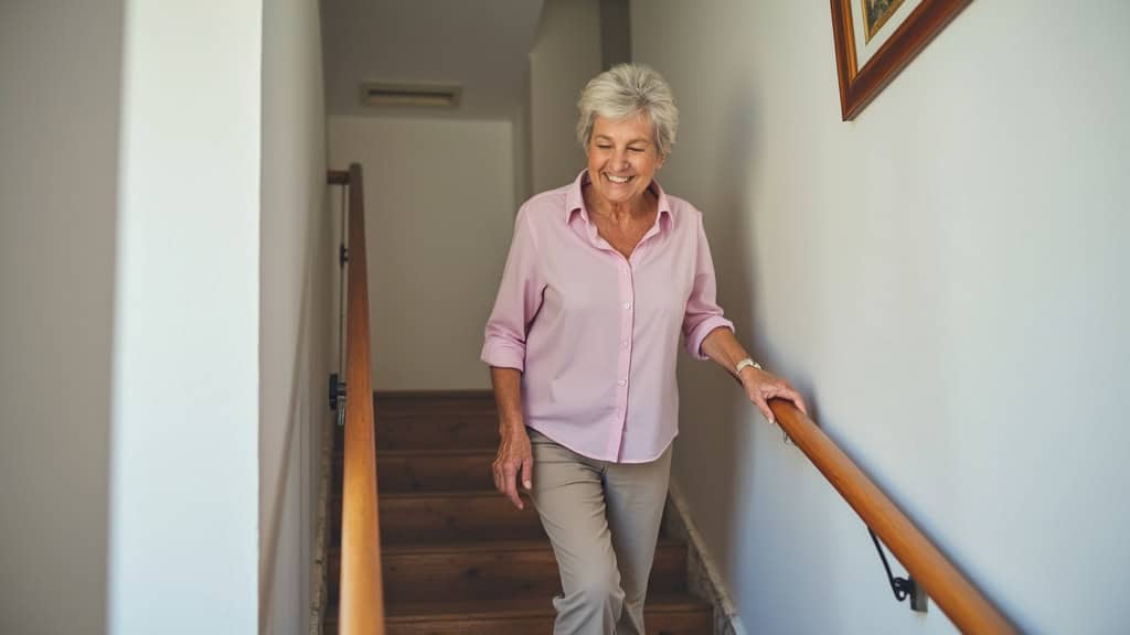 Personne âgée utilisant un monte-escalier droit dans sa maison à Uxegney, souriante, en train de monter les marches en toute sécurité