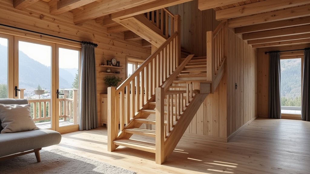 Monte-escalier installé sur un escalier en bois dans un chalet traditionnel de Val-d
