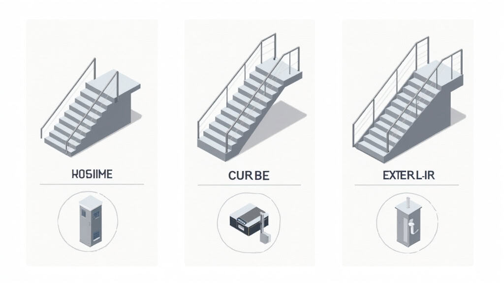 Tableau comparatif visuel des trois types de monte-escalier : droit, courbe et extérieur, avec des illustrations et des icônes pour chaque critère