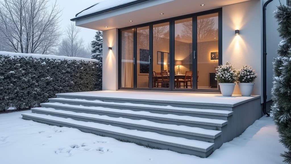 Monte-escalier extérieur résistant aux intempéries, installé devant l’entrée d’une maison de Valenciennes pour faciliter l’accès en hiver