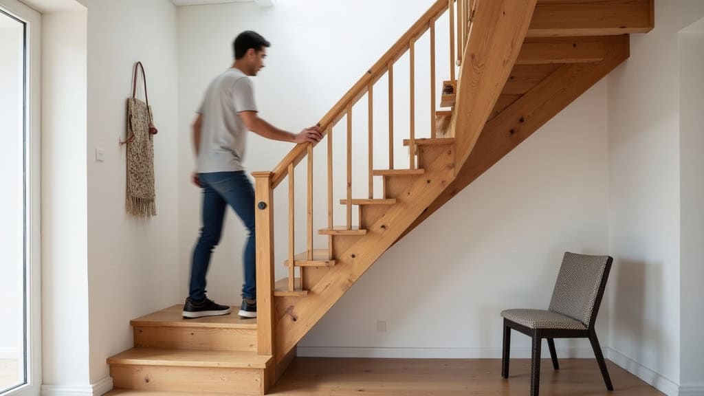 Monte-escalier droit installé sur un escalier en bois dans une maison alsacienne, avec un utilisateur assis en toute sécurité