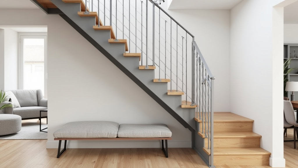 Monte-escalier tournant avec rail en aluminium sur un escalier en bois avec virage, installé dans un foyer à Varennes-Changy