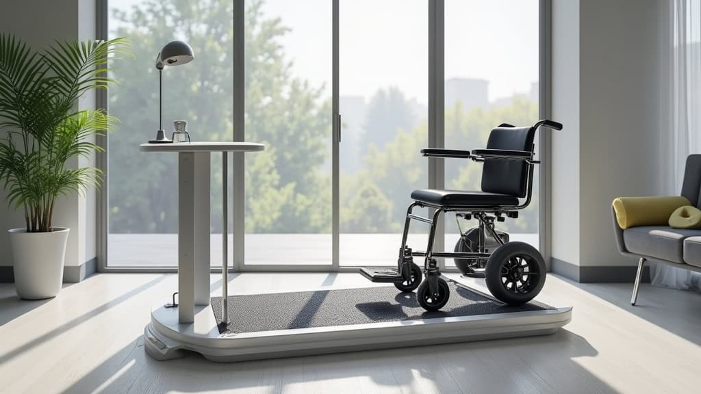 Plateforme élévatrice pour fauteuil roulant installée sur un palier à Varennes-Changy, avec sécurité et repose-pieds intégré