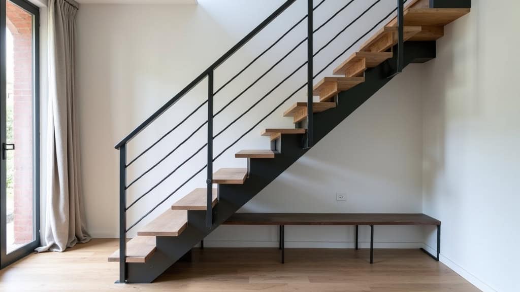 Monte-escalier tournant installé dans une maison de Vaulnaveys-le-Bas, avec rail noir et siège gris, adapté à un escalier en colimaçon avec palier central