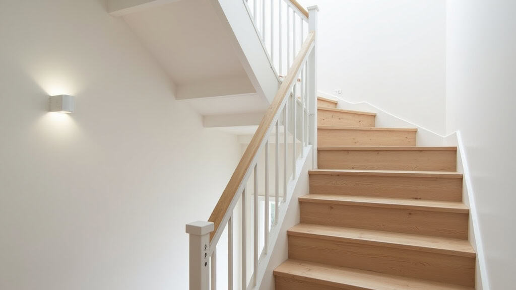 Monte-escalier tournant installé dans une maison à Vaux, avec un siège en tissu beige et un rail blanc intégré à un escalier en bois clair