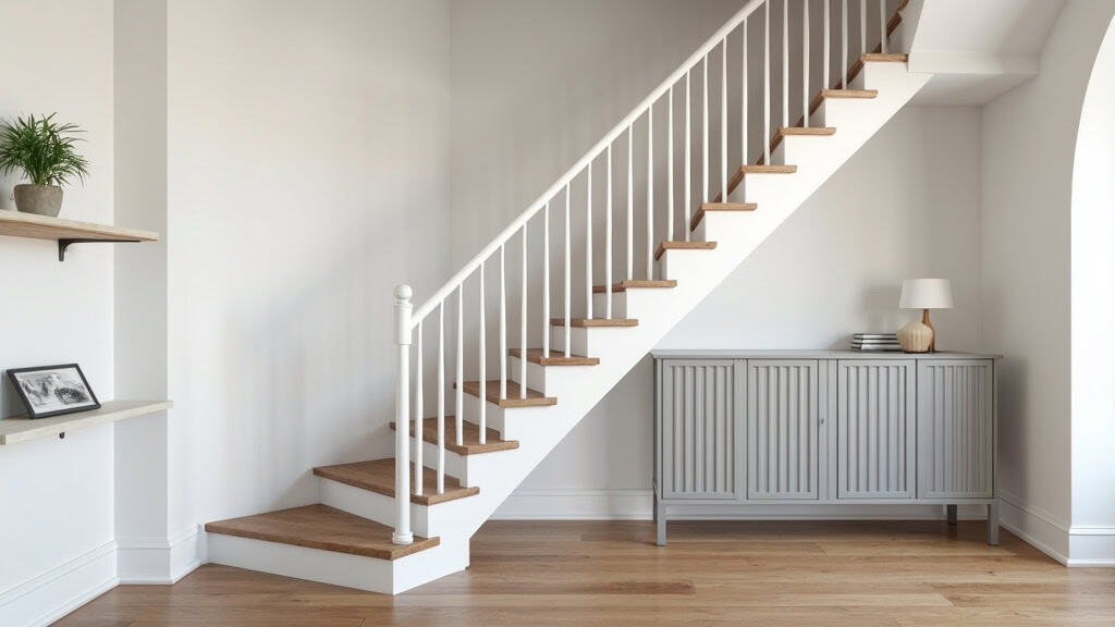 Monte-escalier droit installé dans une maison typique de Vaux-le-Pénil, avec rail blanc et siège gris, sur un escalier en bois
