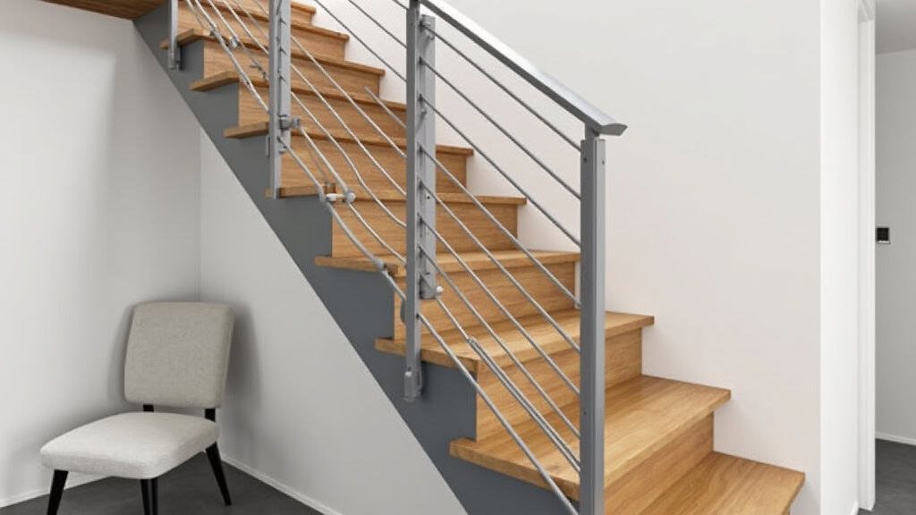 Monte-escalier tournant avec rail courbe en aluminium, installé dans un escalier en bois à Vaux-le-Pénil, siège gris et design discret