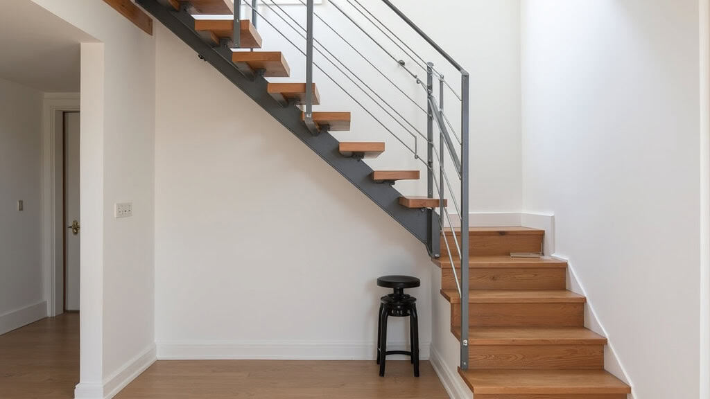 Monte-escalier droit installé dans une maison de Vayres, intégré discrètement sur un escalier en bois, avec un siège noir et un rail métallique.