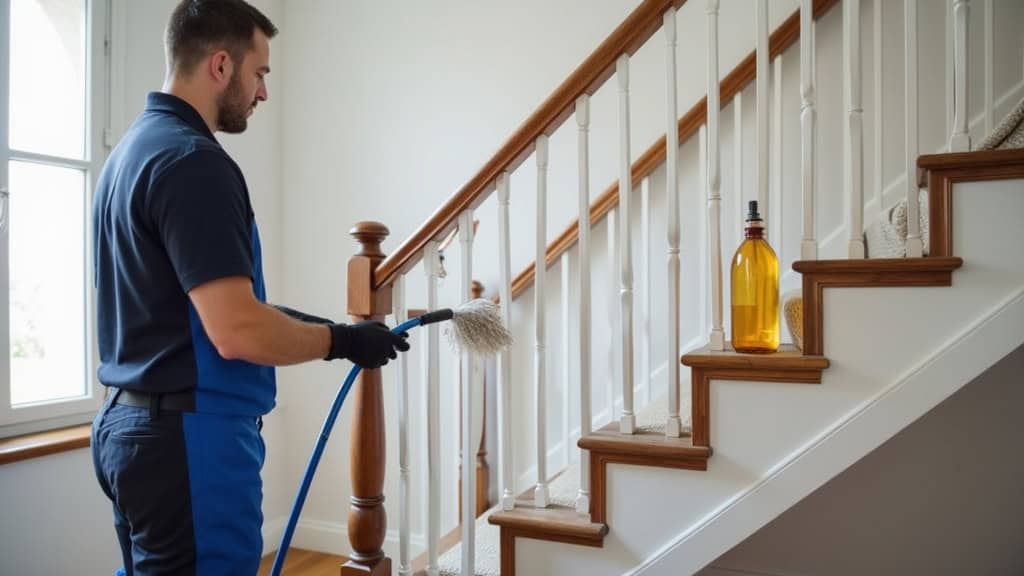 Technicien nettoyant le rail d’un monte-escalier dans une maison de Verdun, avec un chiffon doux et une bouteille d’eau distillée