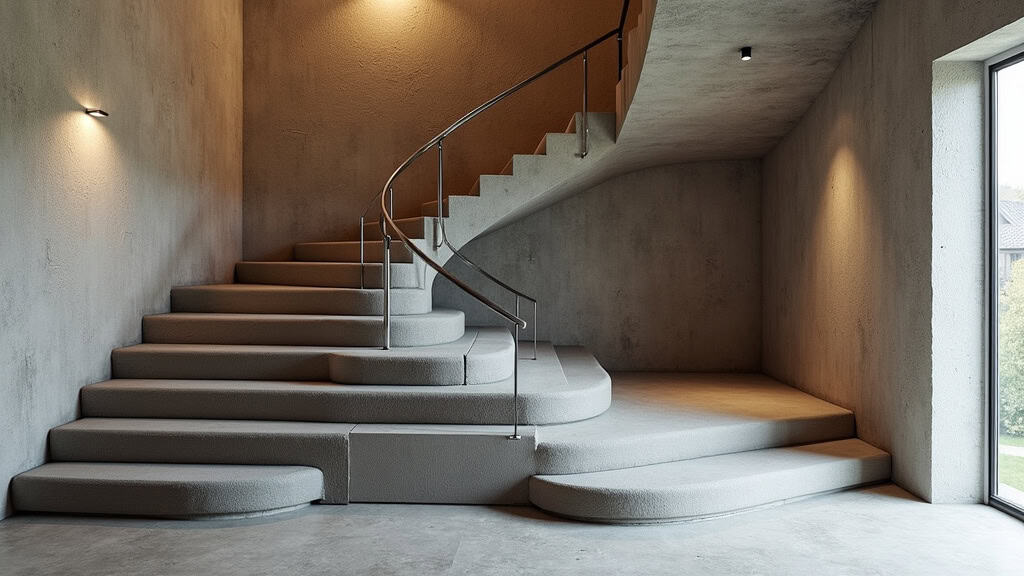 Monte-escalier courbe en acier et siège en tissu gris dans une maison ancienne de Vernou-la-Celle-sur-Seine, avec un mur en pierre et une rampe en bois