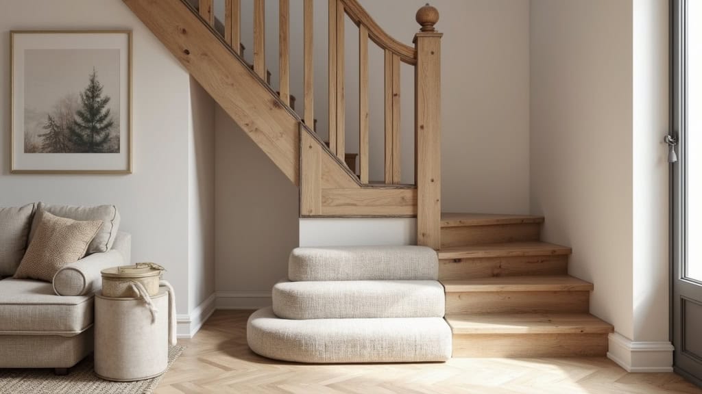 Monte-escalier droit installé dans un intérieur traditionnel à Vert-en-Drouais, avec escalier en bois et assise en tissu beige, intégré harmonieusement