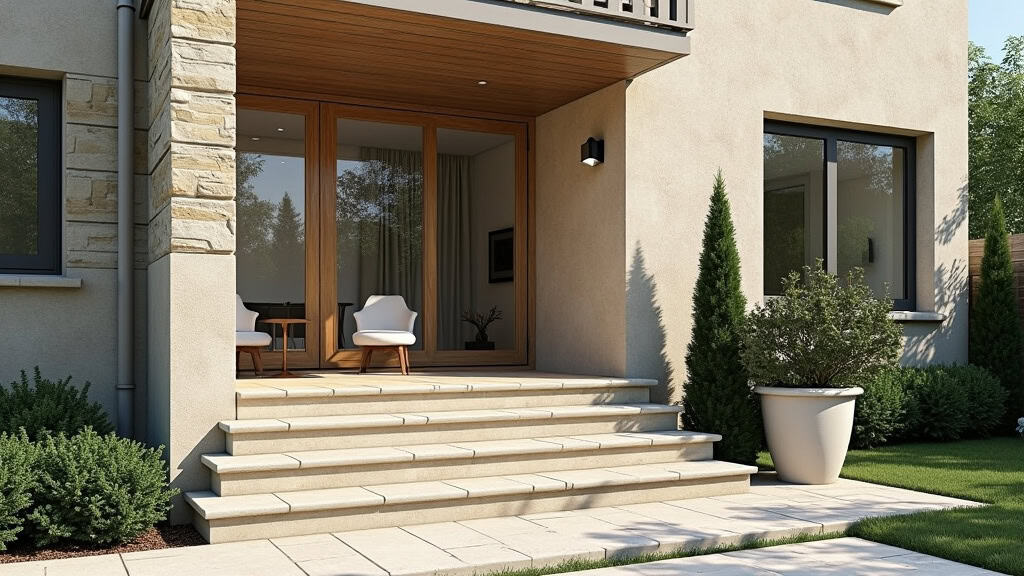 Monte-escalier extérieur installé devant une entrée de maison en pierre à Vic-Fezensac, permettant d