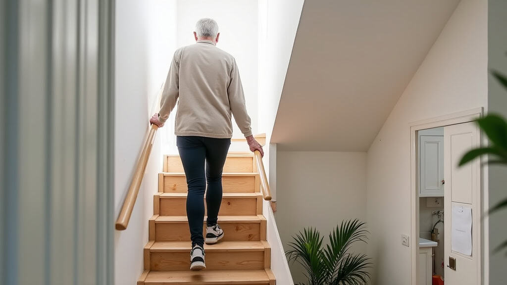 Personne âgée utilisant un monte-escalier assis pour monter tranquillement les marches dans sa maison à Vic-sur-Seille