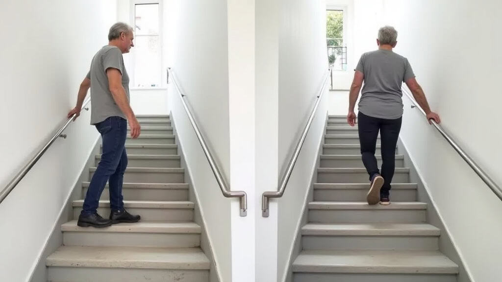 Comparaison avant-après : personne âgée qui monte un escalier sans aide à gauche, et avec monte-escalier à droite, à Vidauban