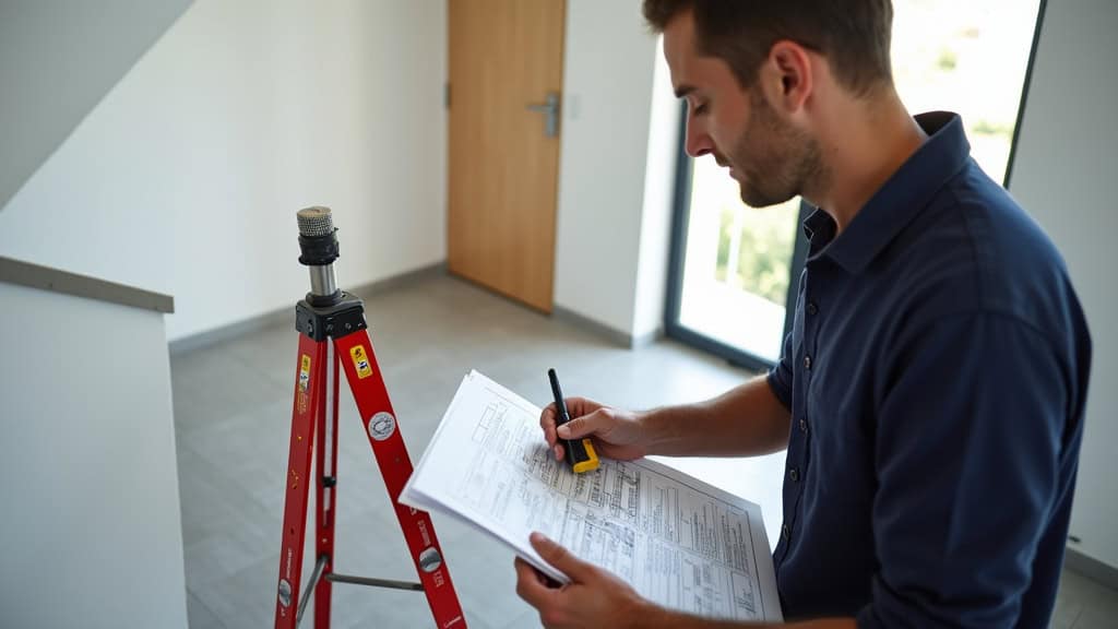 Technicien en train d’installer un rail de monte-escalier à Vidauban, avec outils de mesure et plan d’installation