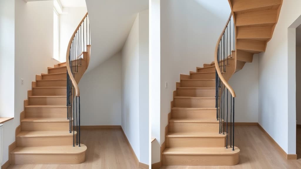 Comparaison visuelle entre un monte-escalier droit et un monte-escalier courbe installé dans une maison de Vieillevigne