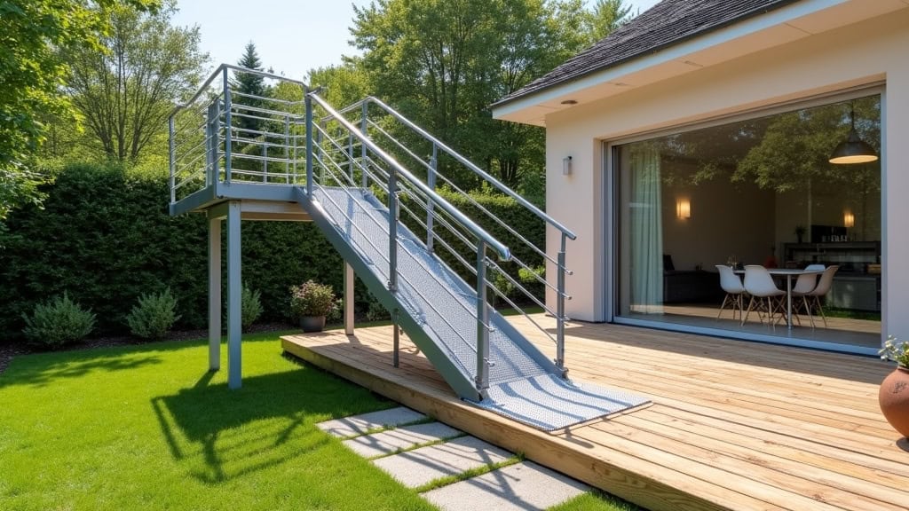 Monte-escalier extérieur installé sur une terrasse en bois à Vielle-Saint-Girons, avec vue sur le jardin fleuri et une rampe en aluminium résistant aux intempéries