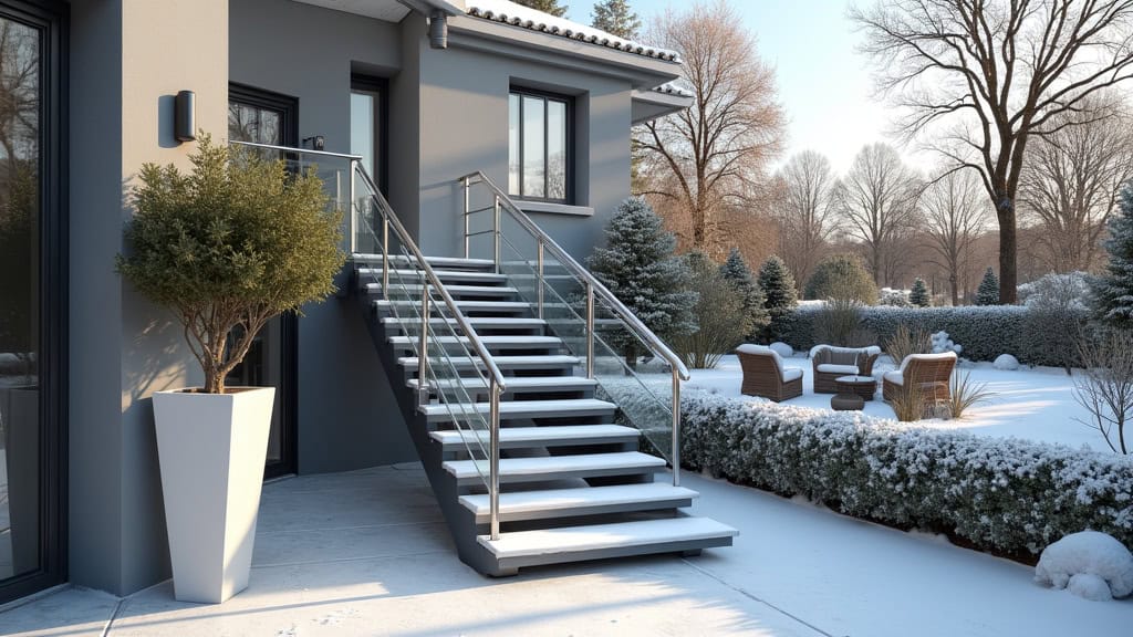 Monte-escalier extérieur installé sur un escalier de jardin à Vienne, avec un siège étanche et un rail en aluminium, résistant à la neige et à la pluie