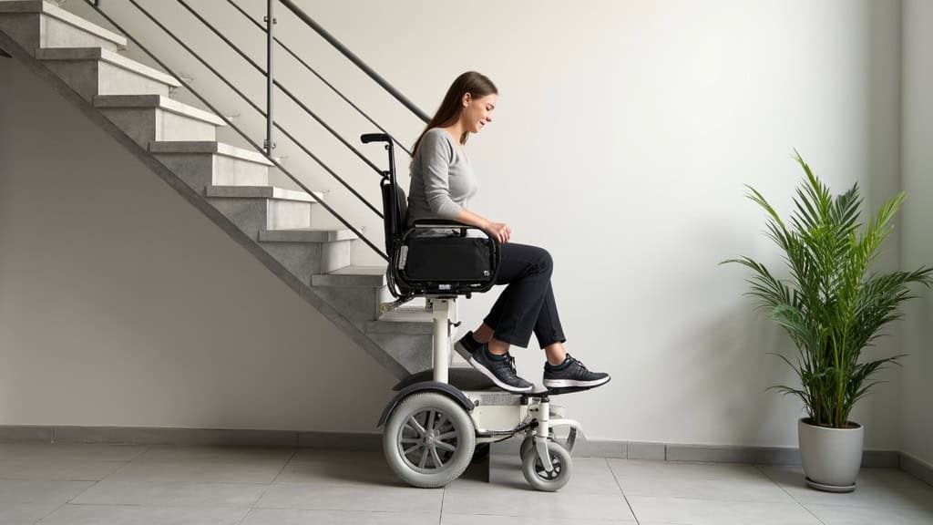 Plateforme élévatrice pour fauteuil roulant installée dans un escalier courbe à Vienne, avec un utilisateur en fauteuil roulant qui monte en toute sécurité