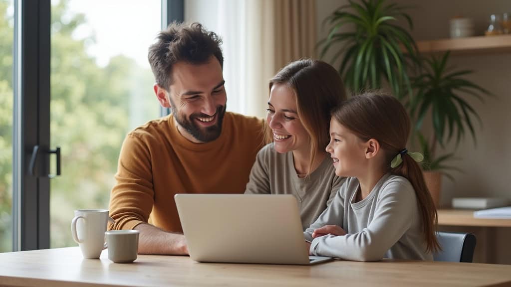 Famille souriante réunie au premier étage d