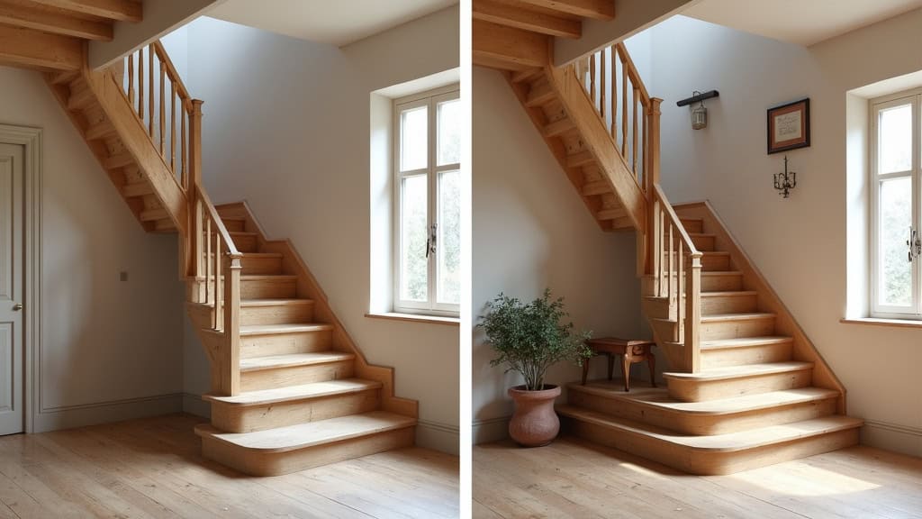 Comparaison avant-après : escalier en bois sans monte-escalier à gauche, avec siège discret à droite, dans une maison typique de Villandry