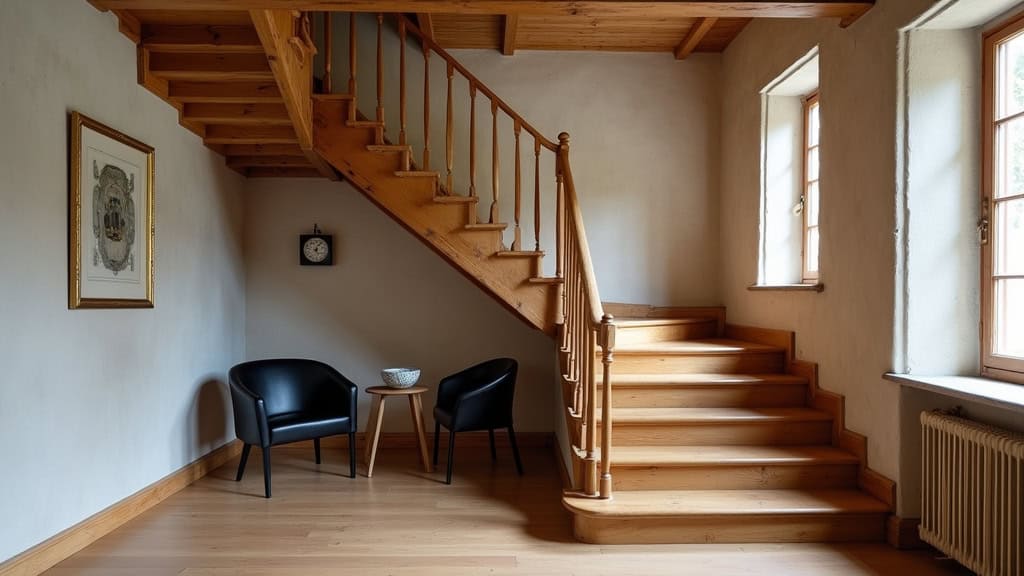 Monte-escalier droit installé sur un escalier en bois dans une maison ancienne à Villandry, avec siège en noir et rail discret