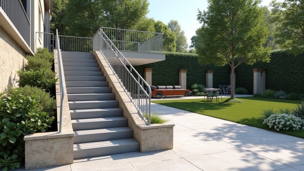 Monte-escalier extérieur en aluminium gris installé sur un perron en pierre à Villelongue-de-la-Salanque, avec siège étanche et rail discret, face à un jardin méditerranéen