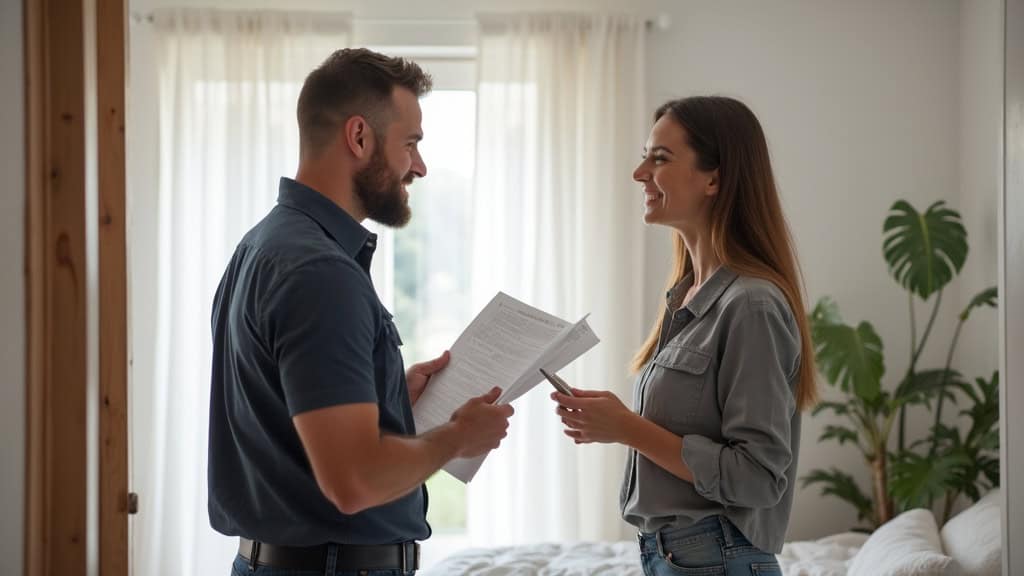 Installateur local à Villemandeur en train de discuter avec un client dans sa maison, avec un plan d