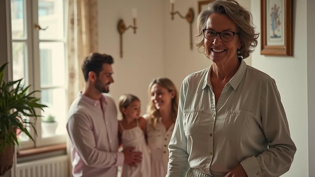 Mme Durand utilisant un monte-escalier droit dans sa maison de Villemandeur, entourée de sa famille, souriante et en sécurité