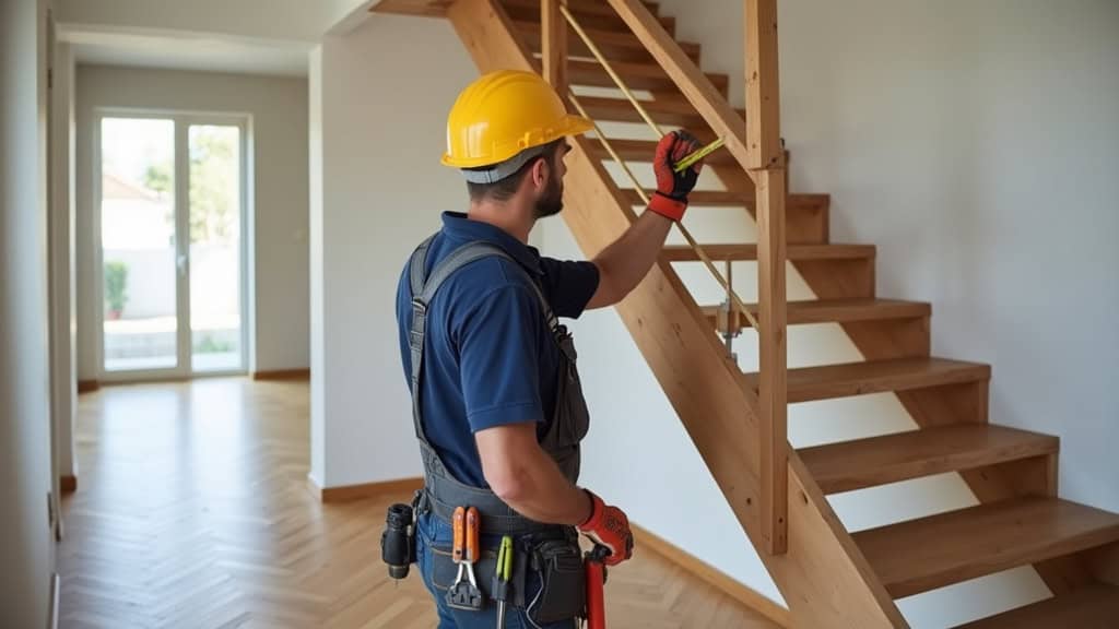 Technicien installant un monte-escalier droit dans une maison de Villemandeur, outils en main, en train de mesurer les marches