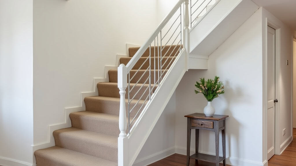 Monte-escalier droit installé dans un escalier intérieur à Villeneuve-le-Roi, avec siège en tissu beige et rail en aluminium, intégré à une maison ancienne
