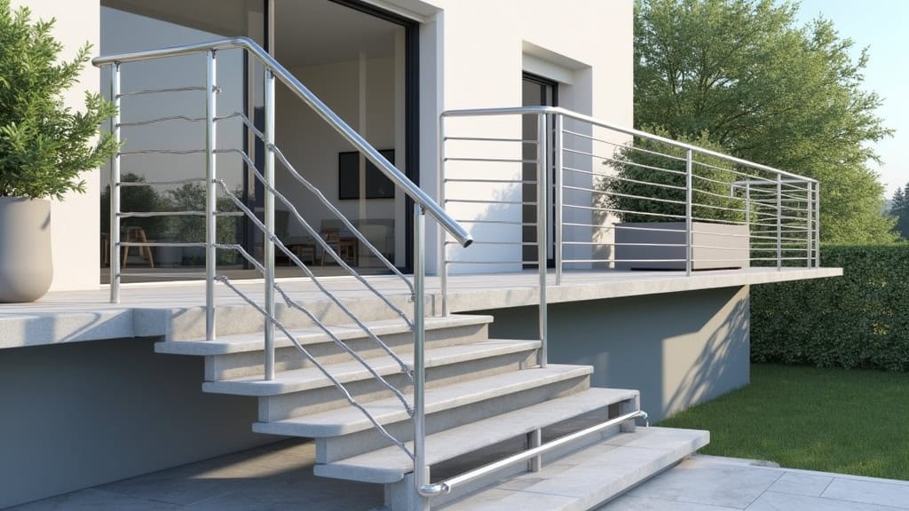 Monte-escalier extérieur en acier inoxydable installé sur un escalier de terrasse à Villeneuve-le-Roi, avec barrière de sécurité et plante en pot à côté