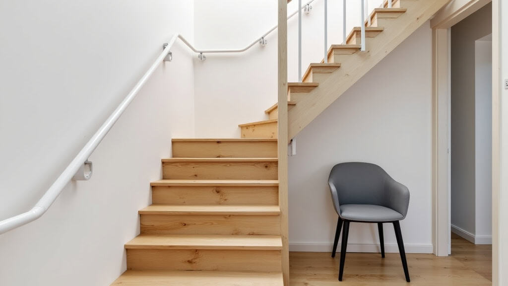Monte-escalier droit installé sur un escalier en bois dans une maison typique de Villereversure, avec siège gris et rail blanc intégré