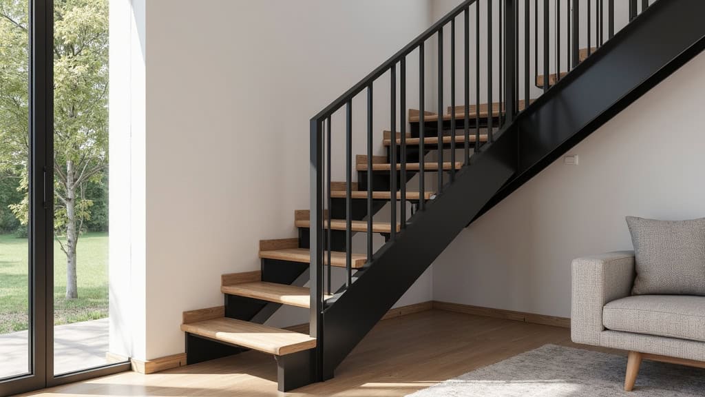 Monte-escalier courbe en aluminium noir intégré à un escalier en bois ancien à Villers-le-Lac