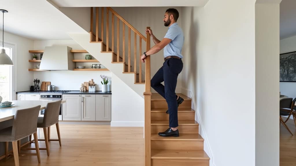 Monte-escalier droit installé dans une maison à Villiers-sur-Marne, avec un utilisateur en sécurité sur le siège, en fond une cuisine et un escalier en bois clair