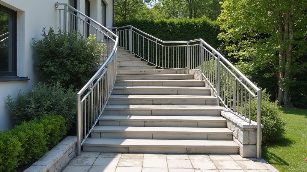 Monte escalier extérieur installé sur un perron en pierre, avec un siège en acier inoxydable et un rail résistant aux intempéries