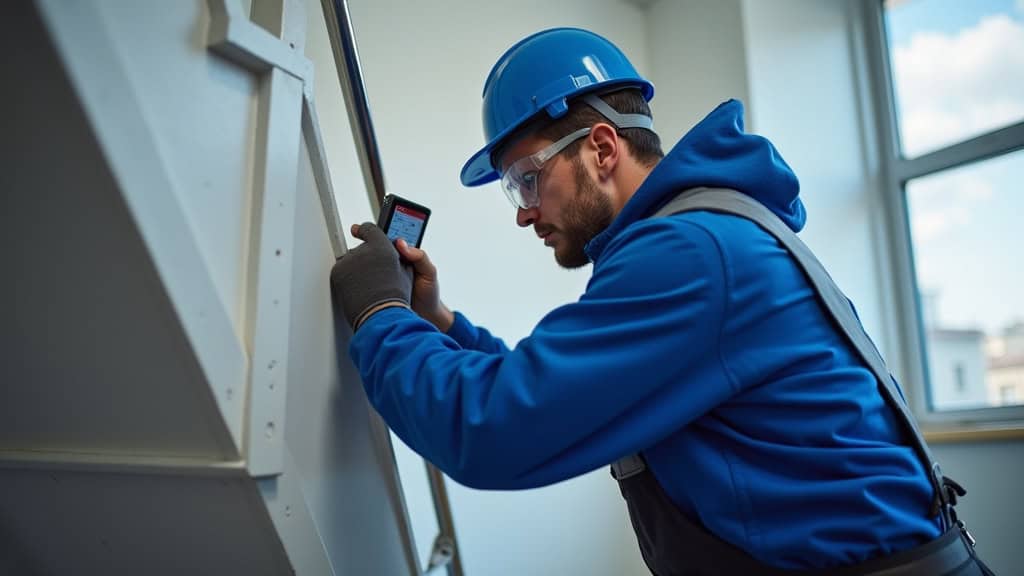 Technicien professionnel en train de mesurer un escalier à Villiers-sur-Orge avec un laser, en combinaison bleue et casque de sécurité