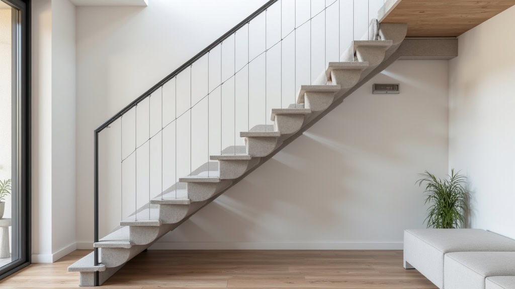 Monte-escalier droit installé dans une maison ancienne à Vimory, avec un siège en tissu gris et un rail en aluminium