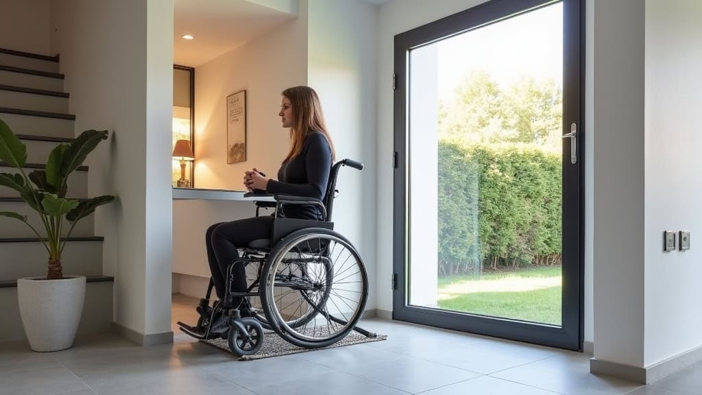 Plateforme élévatrice pour fauteuil roulant, en acier inoxydable, installée dans un couloir d’habitation à Vimy, avec une personne en fauteuil roulant en train de monter.