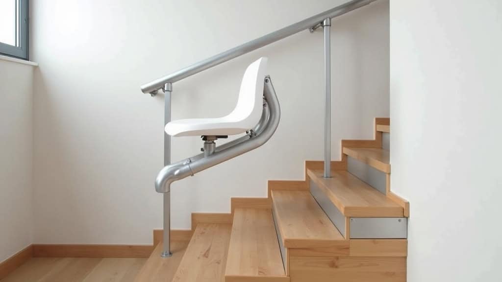 Monte-escalier droit installé dans une maison à Vimy, avec un siège blanc sur un rail en aluminium, intégré à un escalier en bois.