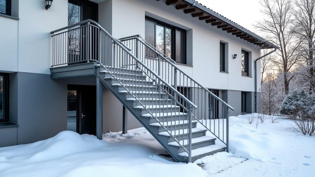 Monte-escalier extérieur en aluminium avec capot imperméable, installé sur les marches d’entrée d’une maison à Vimy, en hiver, avec de la neige au sol.
