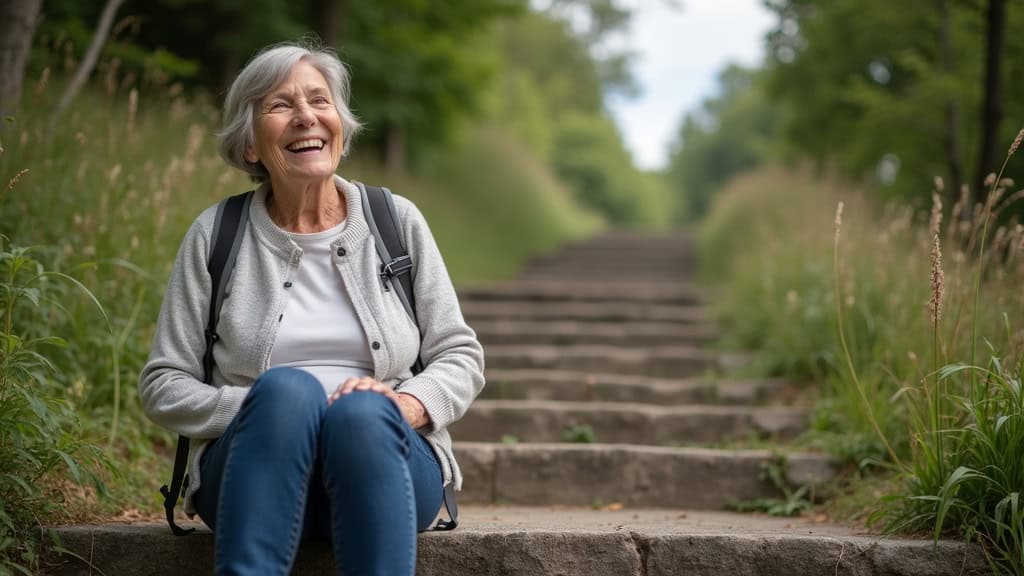 Personne âgée souriante, assise sur un monte-escalier à Vimy, en train de monter les marches, avec un cadre photo et des plantes en arrière-plan.
