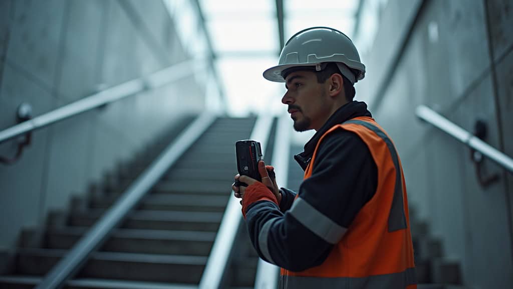 Technicien en train de mesurer les marches d’un escalier à Vimy avec un laser, portant une tenue de travail et un casque de sécurité.