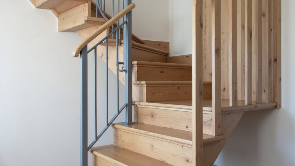 Monte-escalier tournant en aluminium gris foncé installé dans un escalier en bois de maison ancienne à Vineuil-Saint-Firmin, avec siège rembourré beige et finitions sobres, intégré harmonieusement à l
