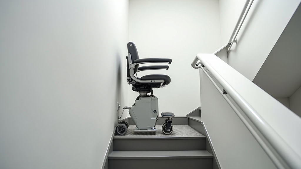 Plateforme monte-escalier avec un fauteuil roulant en cours de déplacement sur un escalier intérieur, en toute sécurité