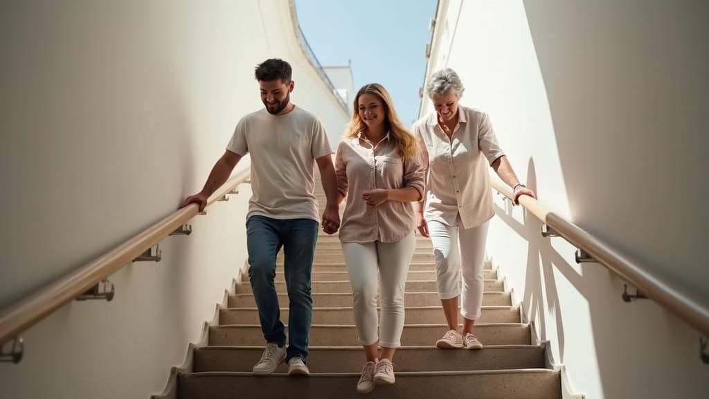 Personne âgée utilisant un monte-escalier à Viré, entourée de sa famille qui l