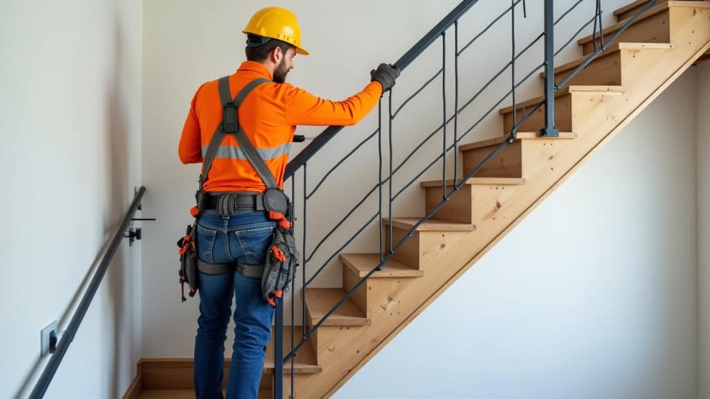 Technicien en train d’installer un monte-escalier tournant sur un escalier en colimaçon