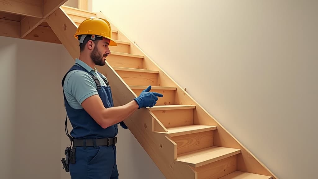 Technicien en train de fixer un monte-escalier droit sur des marches en bois