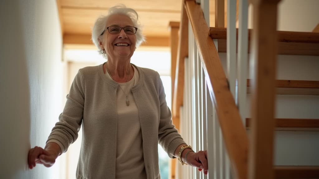 Claudine, 76 ans, utilisant son monte-escalier à Voujeaucourt. Elle sourit en montant les marches, les mains posées sur les accoudoirs, dans un intérieur chaleureux et lumineux